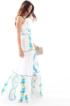 Maya Deluxe Embroidered halter neck maxi dress in