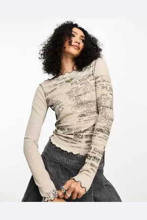 COLLUSION Printed slash neck long sleeve top in stone