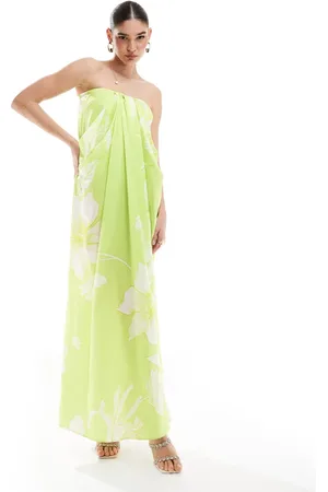 ASOS Satin bandeau drape column midi dress in lime floral print