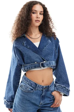 Noisy May Cropped denim jacket with belt detail in mid wash