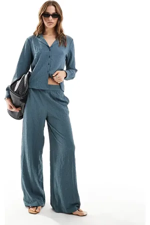 JDY Seersucker wide leg trouser co-ord in dark
