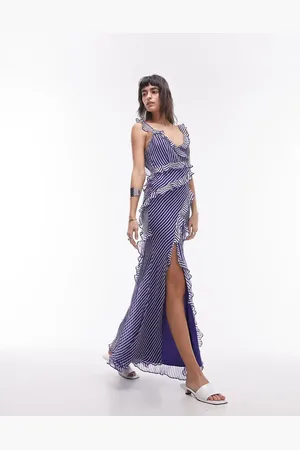 Topshop Premium ruffle maxi dress in blue and ivory stripe