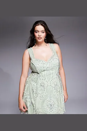 ASOS Curve embellished cotton sweetheart caged mini dress in sage
