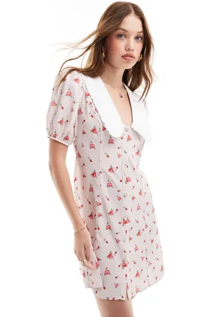 Miss Selfridge Short sleeve collar mini dress in pink print