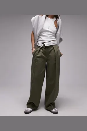 Topshop Fold over waistband detail pleated straight leg trouser in khaki