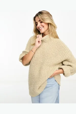 Monki High neck chunky rib knitted jumper with volume sleeve in beige