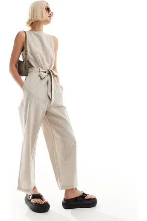 Monki Linen sleeveless jumpsuit with tie belt detail in beige