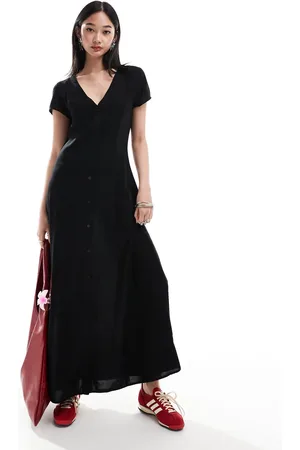 Monki Short sleeve button front midi dress in