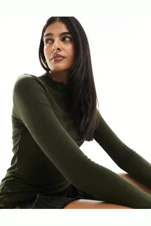 ONLY Lettuce edge high neck ribbed top in dark green