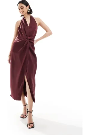 Pretty Lavish Knot front satin maxi dress in merlot