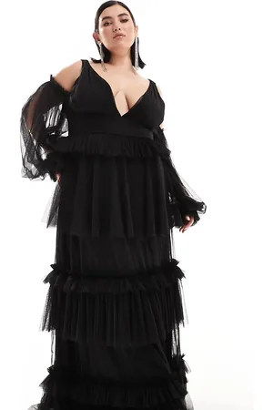 Lace & Beads Sheer sleeve tulle tiered maxi dress in