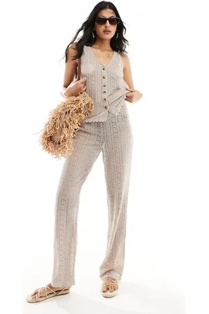 Object Crochet lace tie waist beach trouser co-ord in cream
