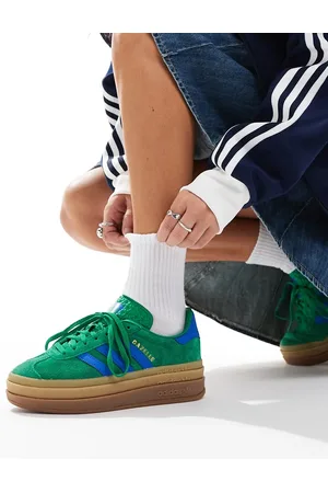 adidas Gazelle Bold trainers in green and blue with gum sole