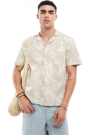 Hollister Short sleeve revere collar floral print poplin shirt boxy fit in beige