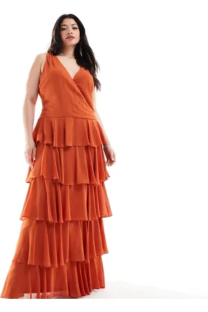 TFNC TFNC Bridesmaids Plus chiffon tiered maxi dress in rust