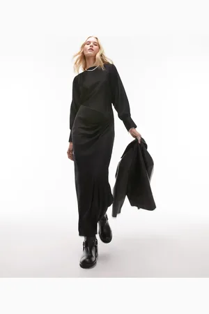 Topshop Ruched front long sleeve printed midi dress in