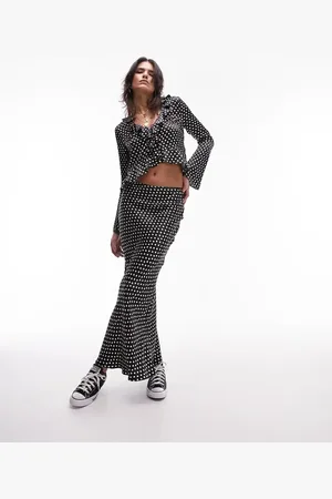 Topshop Co-ord satin jaquard bias maxi skirt in mono polka dot