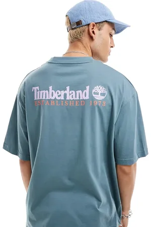 Timberland Large script logo back print oversized t-shirt in blue Exclusive to Asos.