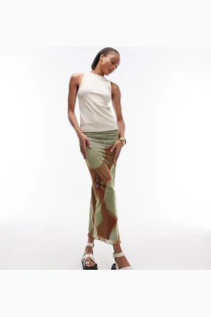 Topshop Placement floral print midi skirt in tan