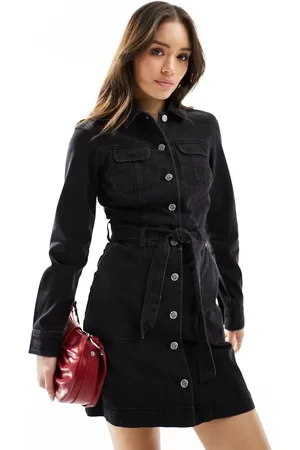 Miss Selfridge Denim long sleeve mini dress with collar detail in wash