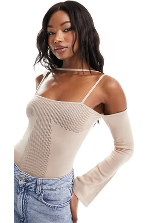 Simmi London Simmi knitted pointelle bardot strappy body in beige