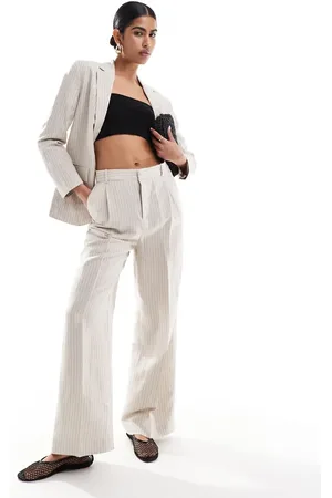 MANGO Linen mix stripe straight leg co-ord trousers in beige