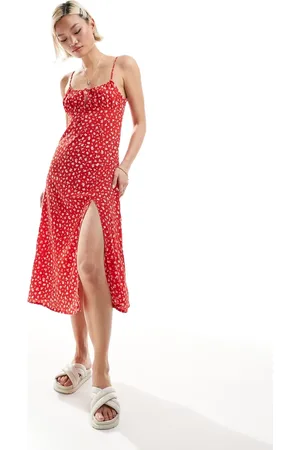 Monki Strappy midi dress with split in red ditsy print