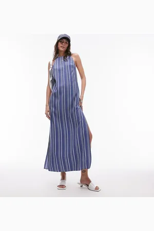 Topshop Sleeveless high slit column maxi dress in stripe print