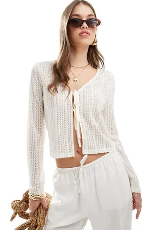 Brave Soul Tie front knitted long sleeve top in cream
