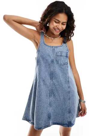 Noisy May Denim pinafore dress in mid wash