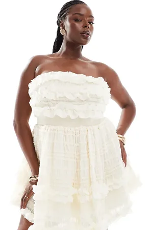 ASOS Curve textured organza bandeau ruffle mini dress with bow back in cream