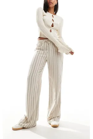 Pull&Bear Striped wide leg trousers in ecru