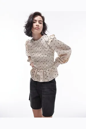 Topshop Smocked velvet spot long sleeve top in taupe