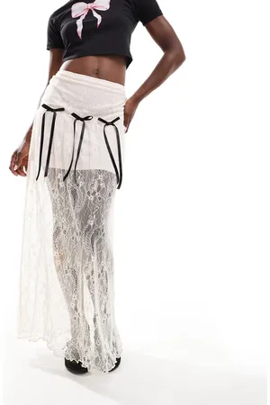 Miss Selfridge Lace contrast bow sheer maxi skirt in
