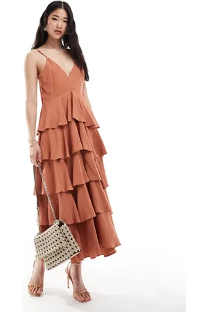 Pretty Lavish Textured tiered midaxi dress in tan blush