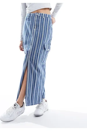 Pieces® Denim maxi skirt with cargo pockets in stripe