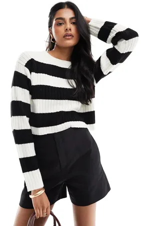 JJXX Cropped boxy stripe ribbed jumper in black & beige