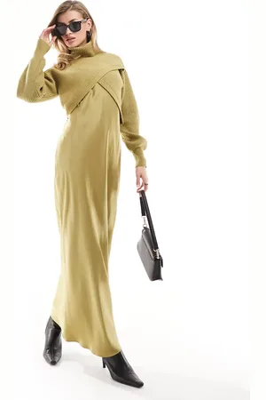 River Island Satin hybrid midi dress in khaki