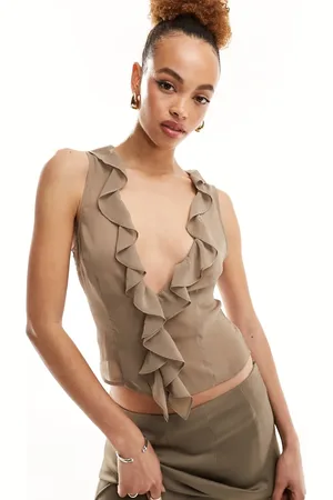 Lioness Ruffle sheer chiffon plunge top co-ord in taupe