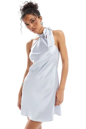 Miss Selfridge Satin halter neck mini dress in sky blue