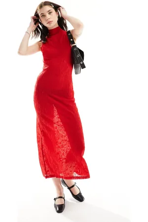 Ghospell High neck textured sheer midi dress in