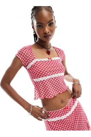 Reclaimed Cap sleeve top co-ord in gingham with bow and lace trim