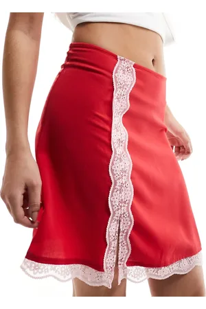 Monki Lace trim mini skirt with thigh split in