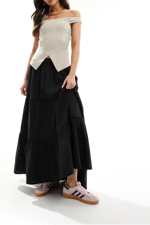 Monki Maxi tiered poplin cotton skirt with half elastic waist in