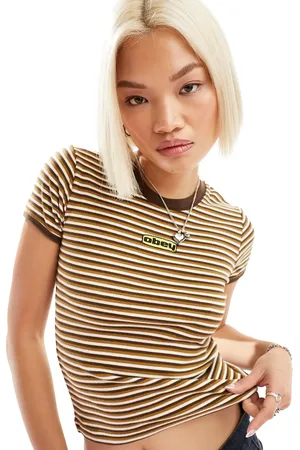 Obey Stripe logo t-shirt in brown multi