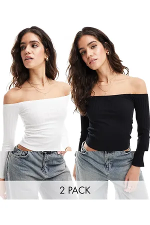 Miss Selfridge Rib bardot top 2 pack in and black