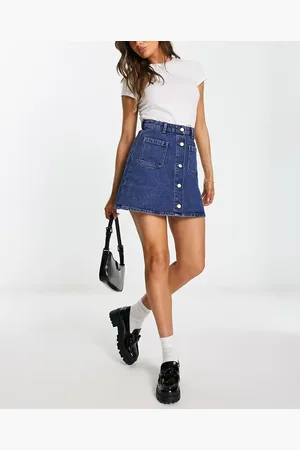 Monki Denim button through mini skirt in mid wash