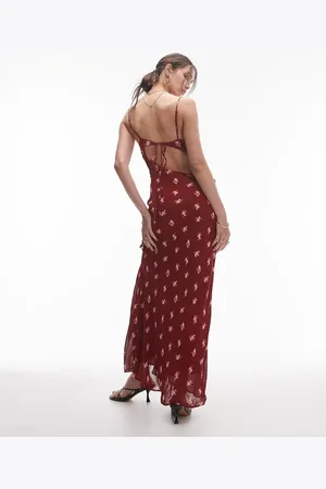 Topshop Sheer drape midi dress in burgundy
