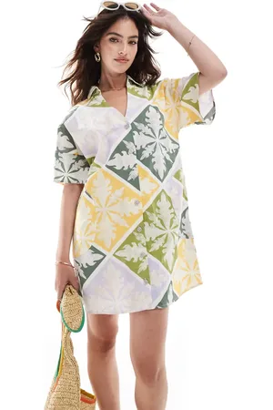 ASOS Short sleeve linen boxy mini shirt dress in tile print