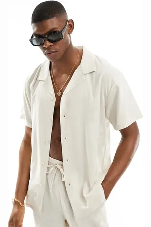 South Beach Short sleeve linen blend beach shirt in sand